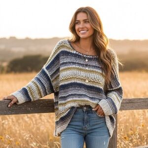 Free People Oversized Striped Wool Cotton Knit Chunky Pullover Sweater Sz M